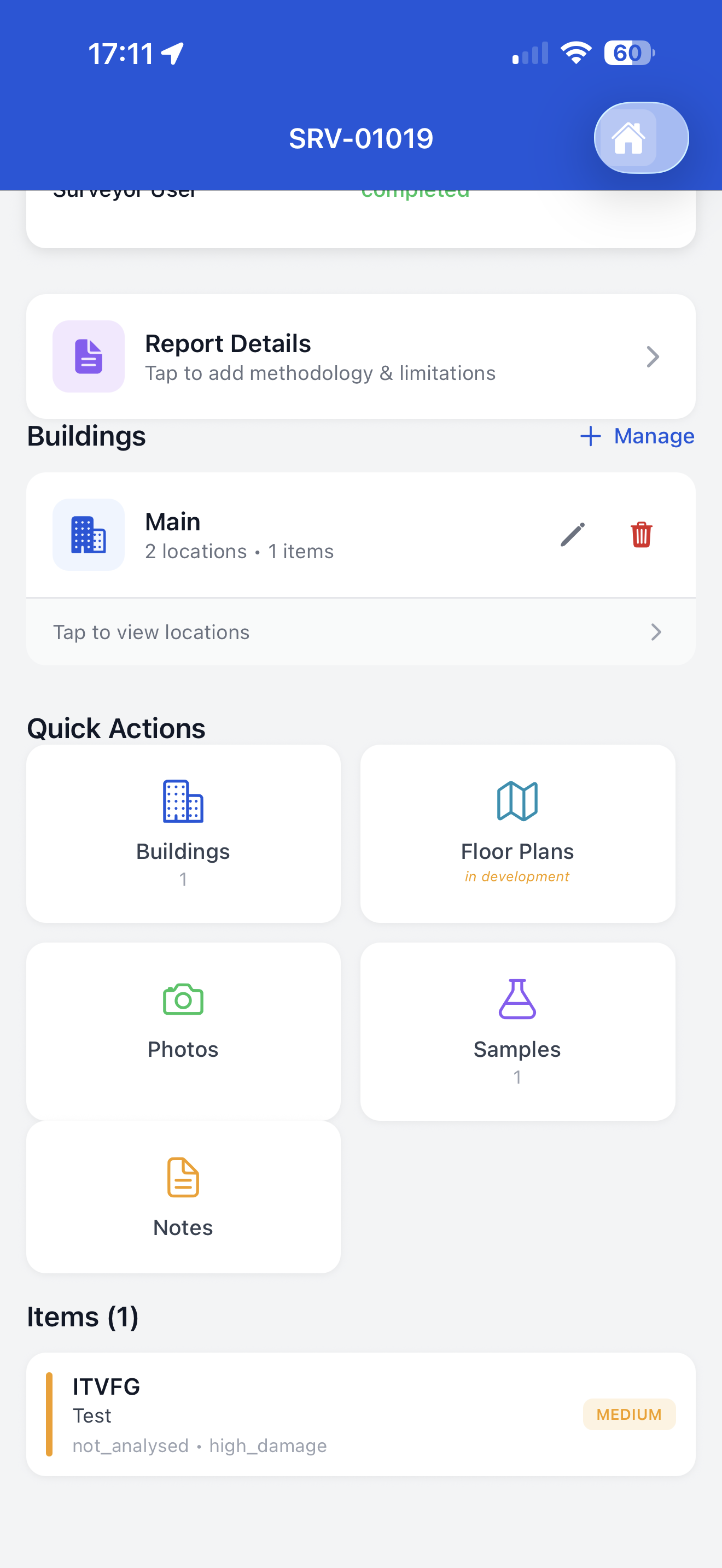 Smart Risk quick actions on iPhone: buildings, photos, samples, notes