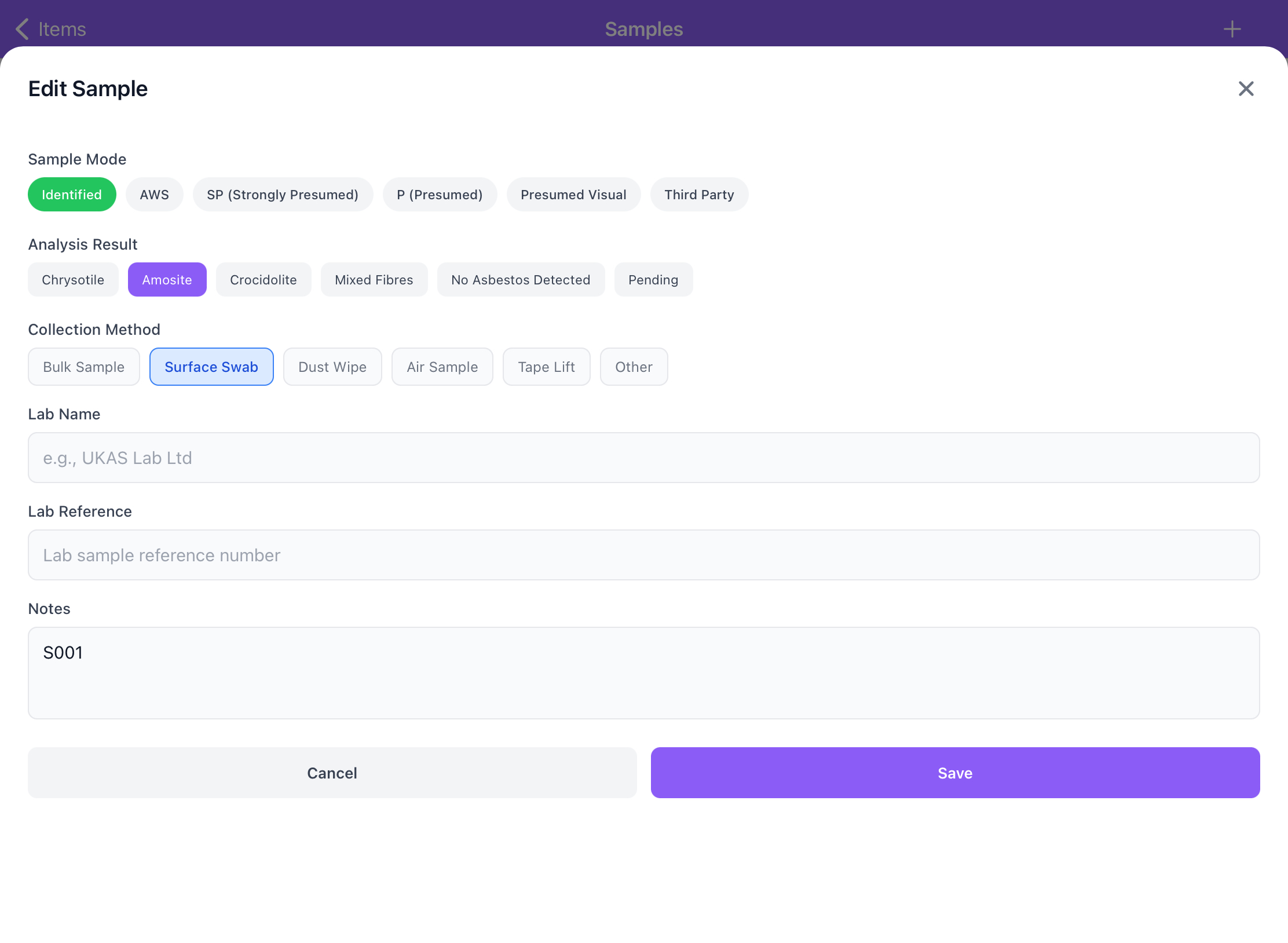 Smart Risk sample editing on iPad with analysis mode, collection method, and lab reference